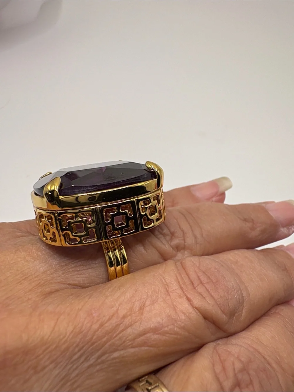 Trina Turk Statement Gold-Tone Ring with Large Amethyst Glass Stone